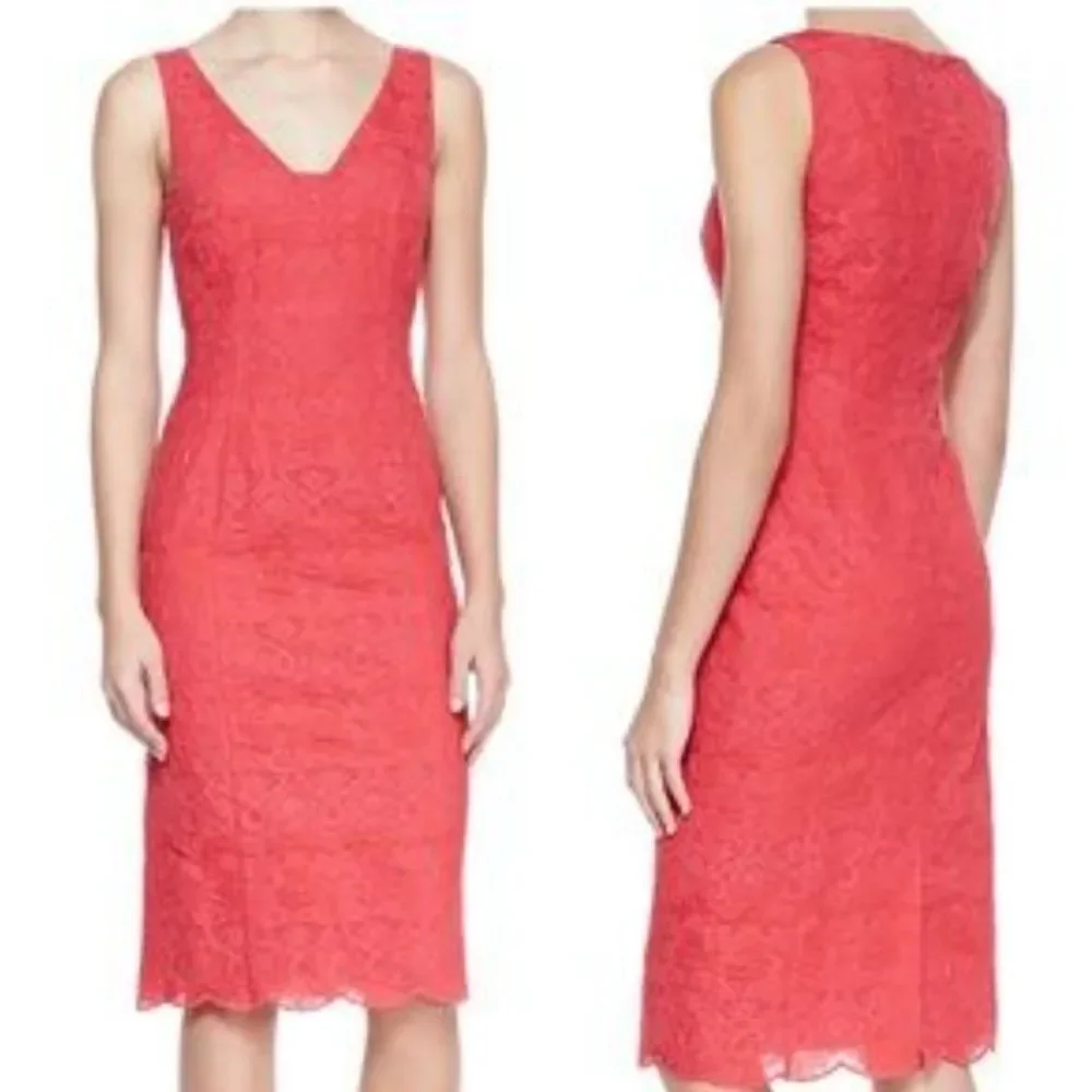 Tory Burch coral pink sheath dress, lined, lace overlay, v-neck, sleeveless 10